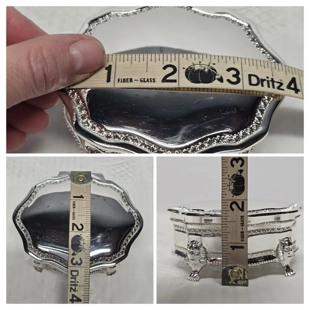 Silver Chrome Lion Heads Footed Non Tarnish Jewelry Trinket Box Victorian Style